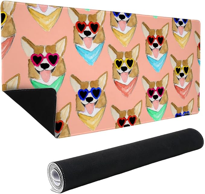 Corgi Dog Puppy Love Glasses Pattern Large Gaming Mouse Pad Desk Mat with Stitched Edges Non-Slip Base
