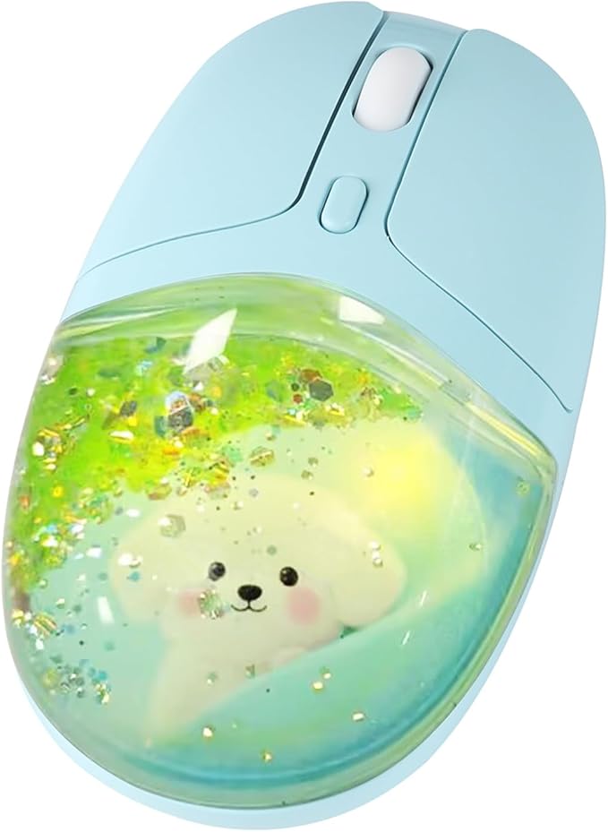 elec Space Wireless Bluetooth Mouse -Cute Clear Aqua Design Glitter Liquid Sand Water Mouse with Optical Precision Silent Clicks LED Breathing LightTransparent Retro Style for Home Office (Green)