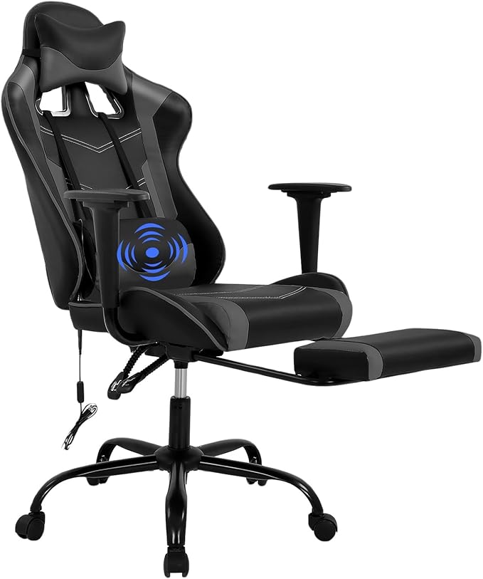Gaming Chair with Massage &amp Footrest - Ergonomic Racing Office Chair for Adults Women Gamers - Adjustable Reclining PC Gaming and Home Office Desk Chair with Lumbar Support Grey