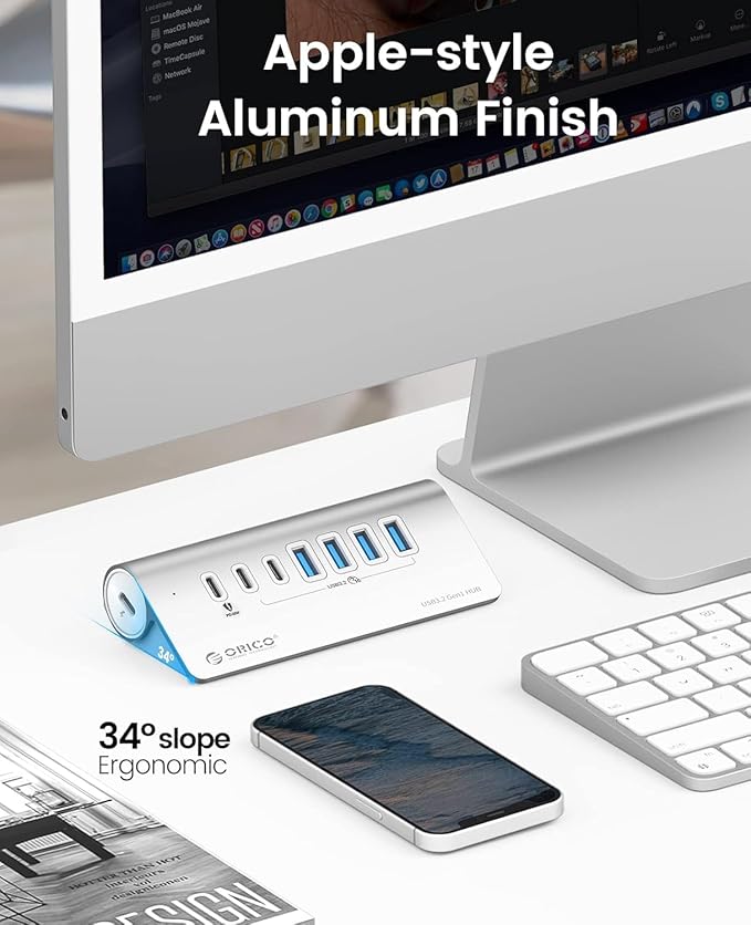 ORICO 7 Port USB Hub 10Gbps Aluminum USB 3.2 Gen 2 Hub 6 USB 3.2 Data Ports 1 PD 60W Ports 24V 3A Power Adapter 3.28Ft A to C Cable USB Data Hub for Laptop