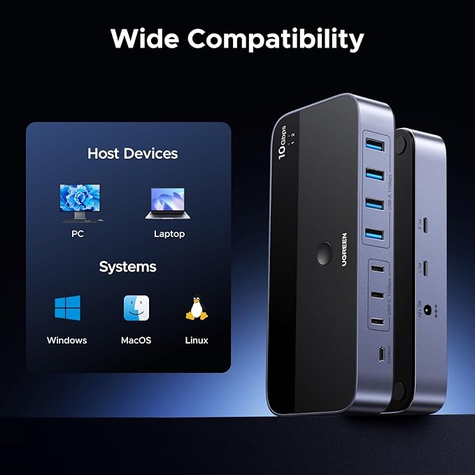 UGREEN 2-in 7-Out USB 3.2 Switch 10 Gbps Switcher for A or C Computers Sharing All Devices(4 A+3 C) Keyboard Mouse Switch with Type C Converter AdapterPower Adapter