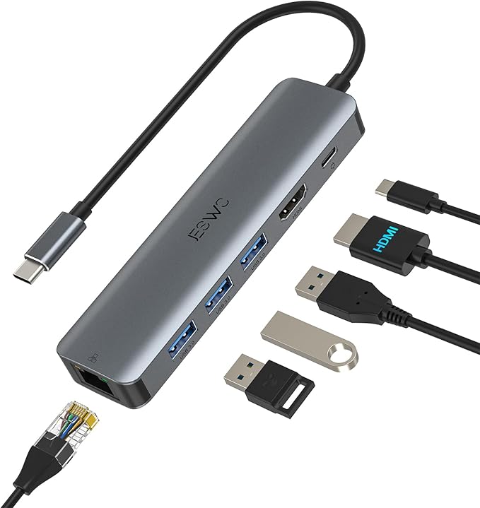 USB C Hub JESWO USB C Multiport Adapter Hub with RJ45 Ethernet 4K HDMI 100W PD 3 USB 3.0 Port Type C Dock for Thunderbolt 3 Laptop MacBook Air/Pro iPad Pro M1/M2 Mac Min