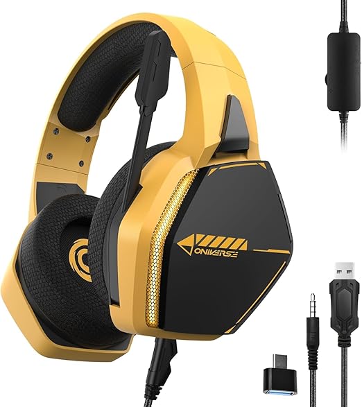 Oniverse Gaming Headset compatible with Xbox PS5 PS4 Switch PC Mac with Adjustable Mic LED 50 mm Speakers Breathable Fabric Pads Nebula Wired Stereo Gamer Headset (SolarFire Yellow/Orange)