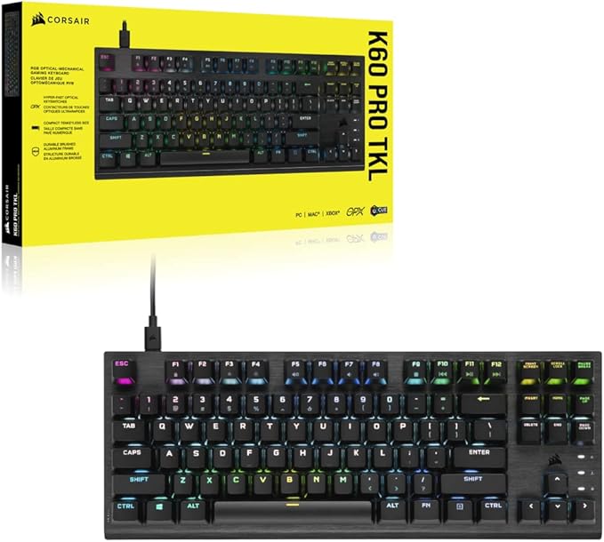 Corsair K60 RGB TKL RGB Tenkeyless Optical-Mechanical Wired Gaming Keyboard - OPX Switches - Polycarbonate Keycaps - iCUE Compatible - QWERTY NA Layout - Black