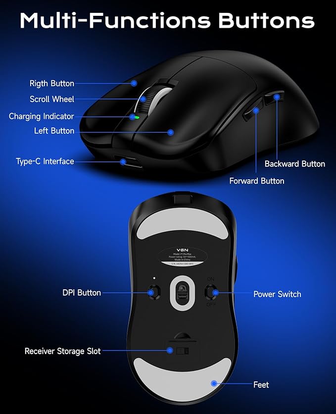 VGN Dragonfly F1 Pro Max Wireless Gaming Mouse 130h Playtime Long Endurance 55g Lightweight PAW3395 26K DPI Flagship Sensor 4000Hz Polling Rate Supported Low Latency Esports Peripherals Black