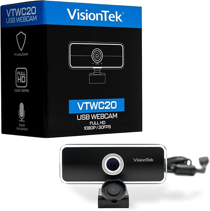 VisionTek VTWC20 Full HD (1080P 30FPS) Webcam for Windows Mac Linux &amp Chromebook w/Digital Microphone Auto Focus Privacy Cover &amp Wide Viewing Angle