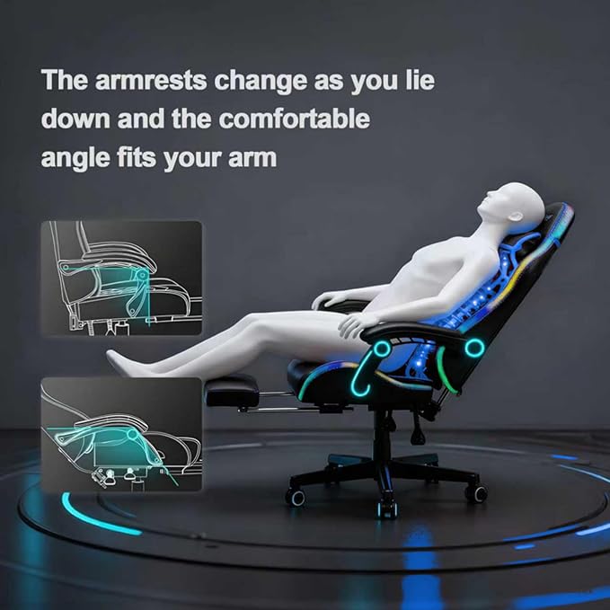 LED Gaming Chairs for Adults Tall and KidsLumbar SupportLED LightsHigh Back Reclining Computer Chair with Headrest(Blueblack)