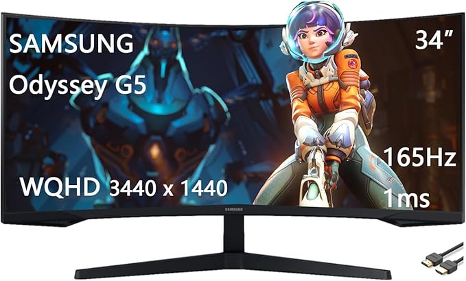 Samsung 34 Odyssey G5 Series WQHD Gaming Monitor 1000R UltraWide Curved 165Hz 1ms FreeSync Premium Black with HDMI Cable
