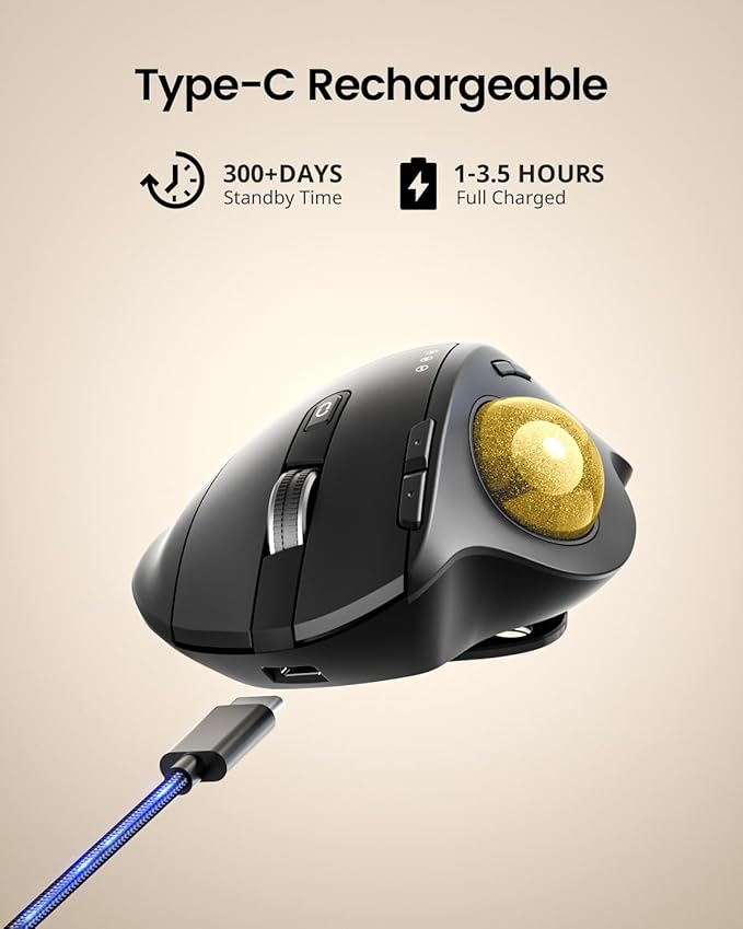 ProtoArc Wireless Trackball Mouse EM01 NL Ergonomic Bluetooth Rollerball Thumb Rechargeable Computer Laptop Mouse Adjustable Angle &amp 3 Device Connection for PC Mac Windows-Gold Ball