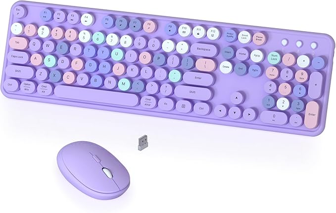 Colorful Wireless Keyboard and Mouse Combo COVEVA 2.4GHz Wireless Retro Cute Round Keycaps Keyboard 104 Keys Full-Sized Keyboard Mouse Set with Switch Button for PC Laptop Desktop (Purple Colorful)