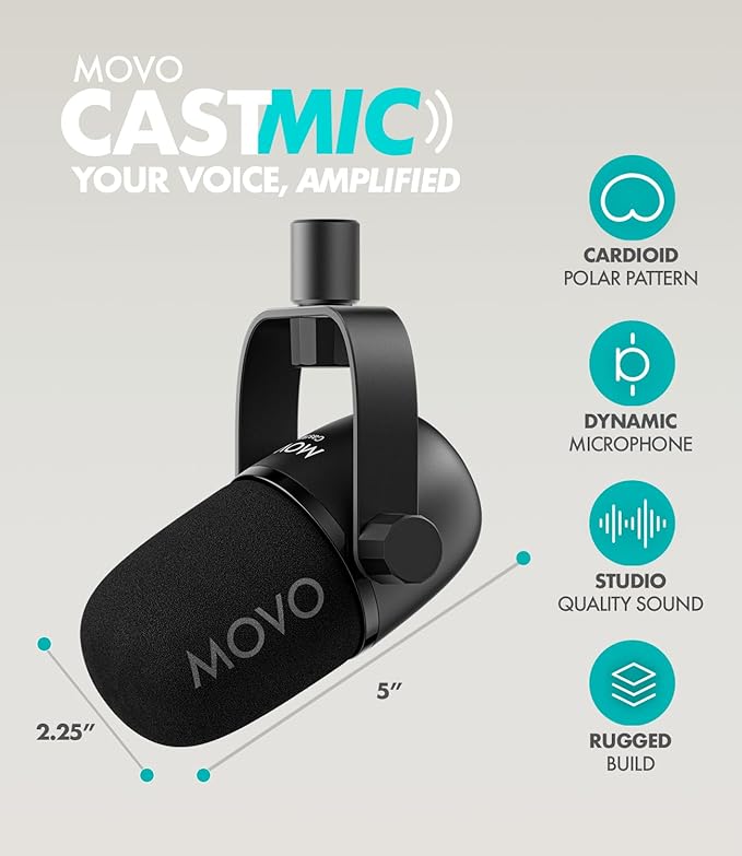 Movo CastMic Dynamic XLR Podcast Microphone for PC Gaming Streaming YouTube and Musicians - Cardioid Podcast Mic for Content Creators
