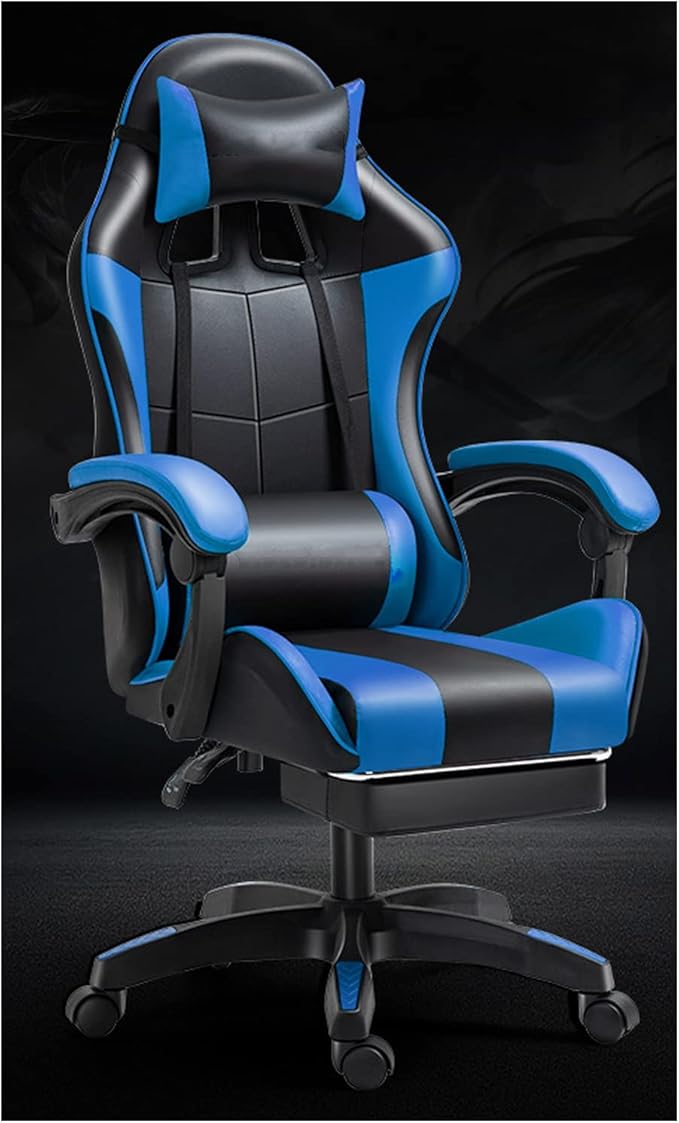 Gaming Chair with Footrest Gamer Chair with Lumbar Support and Headrest Height Adjustable Office Chair with 360°-Swivel Seat Blue