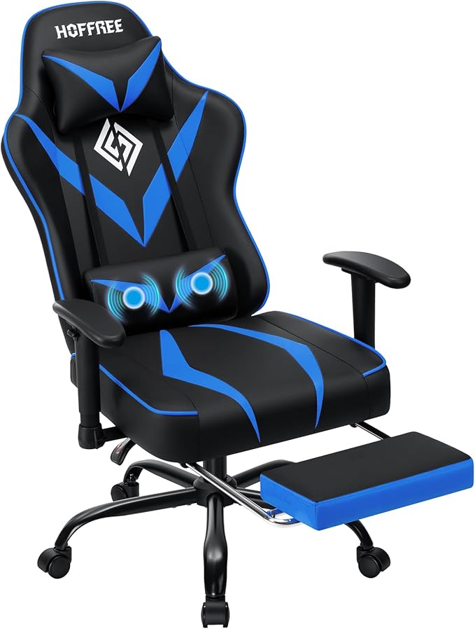 Gaming Chair with Massage Pocket Spring Cushion 155° Reclining Gaming Chair with Footrest and Adjustable Armrests Ergonomic Video Game Chairs Blue and Black