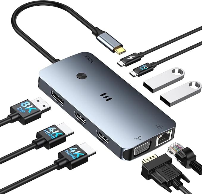 USB C Docking Station Dual Monitor Adapter Selore Laptop Docking Station 3 Monitors Quad Display with 2 HDMI DP VGA Ethernet 3 USB A&ampC 3.0 100W PD USB C Hub Dongle for DELL HP and More
