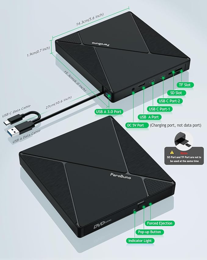 PeroBuno External CD DVD Drive USB 3.0 Optical Disc Drive 4 USB Ports and 2 TF/SD Card Slots CD DVD Burner Writer Reader Player for Laptop MacBook iMac Desktop PC Windows 11/10/8/7/XP Linux Mac OS