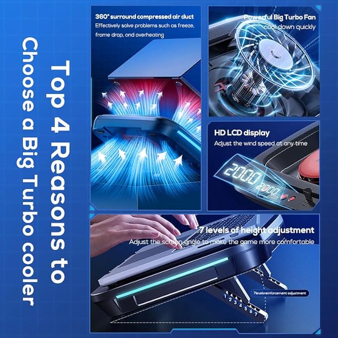 Gaming Laptop Cooler Turbo Fan Stand Compressed Air-Cooling Pad for Notebook 14-18” Advanced Seal Foam Heat Dissipation with RGB Lighting 7-Level Adjustment Dust Protection - Conquer Lag Stay Cool