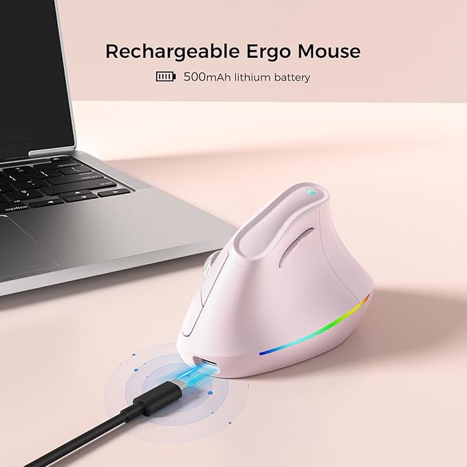 KYSONA 57° Wireless Ergonomic Mouse Vertical Mouse Carpal Tunnel Mouse RGB Light Rechargeable Bluetooth &amp 2.4G 5-Level DPI Adjustment Quiet Click Ergo Mice Compatible with PC/Laptop/Mac Pi