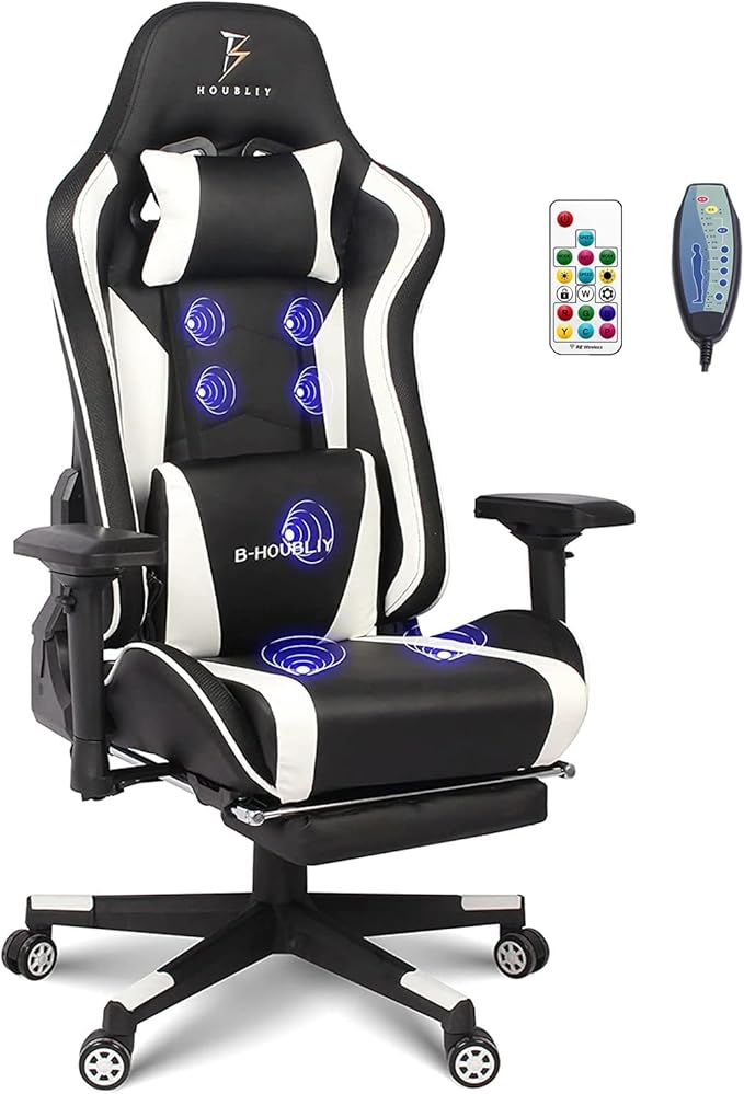 Massage Gaming Chair with Speakers and LED Lights Ergonomic Computer Gaming Chair with Footrest and Lumbar Support Office Video Game Chairs with Adjustable Height and Backrest.White