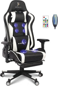 Massage Gaming Chair with Speakers and LED Lights Ergonomic Computer Gaming Chair with Footrest and Lumbar Support Office Video Game Chairs with Adjustable Height and Backrest.White