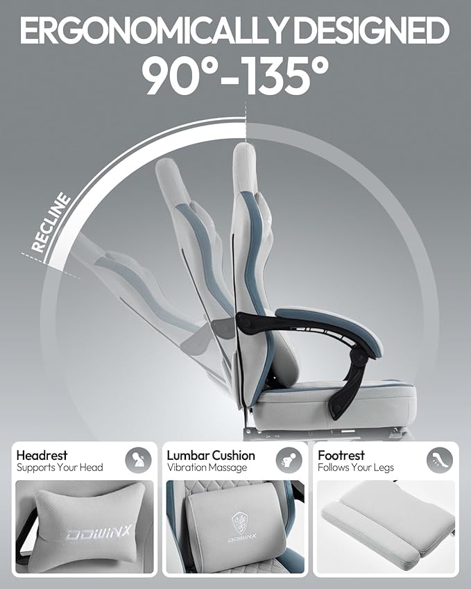 Dowinx Gaming Chair Breathable Fabric Game Chair with Gel Pad and Storage Bag Comfortable Gamer Chair with Pocket Spring Cushion Ergonomic Computer Chair with Footrest Grey and Blue