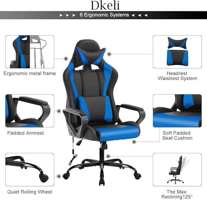 PC Gaming Chair Office Chair Racing Desk Chair with Lumbar Support Arms Headrest Massage High Back PU Leather Ergonomic Computer Chair Rolling Adjustable Swivel Chair for Women Men Adult Blue