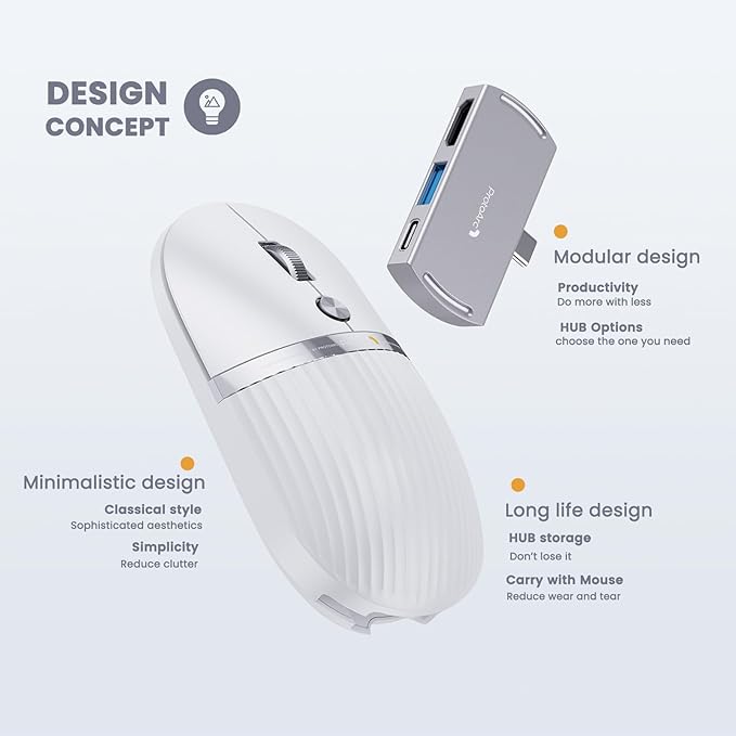 ProtoArc USB C Wireless Bluetooth Mouse Multi-Device HubMouse for Business and Travel with Type C Hub Portable -White