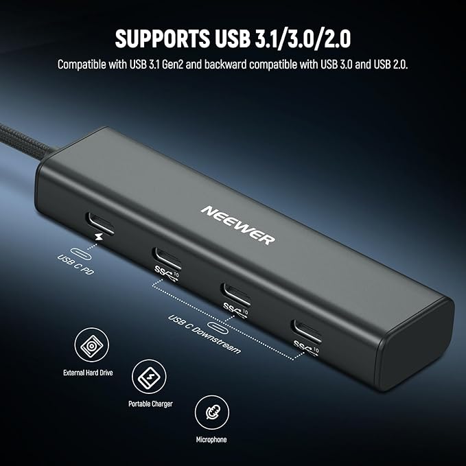 NEEWER USB C Hub Dock with Cold Shoe Adapter 4 in 1 Multiport Adapter Dongle with 3X USB C Port 3.1 Gen2 &amp 1x 100W PD 10Gbps Compatible with iPhone 16 15 iPad Mac Android PC Laptop PS020E