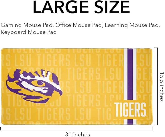 LSU Tigers Mascot Large Gaming Mouse Pad Desk Mat with Stitched Edges Non-Slip Base for Gamer Home and Office 31.5 x 15.7