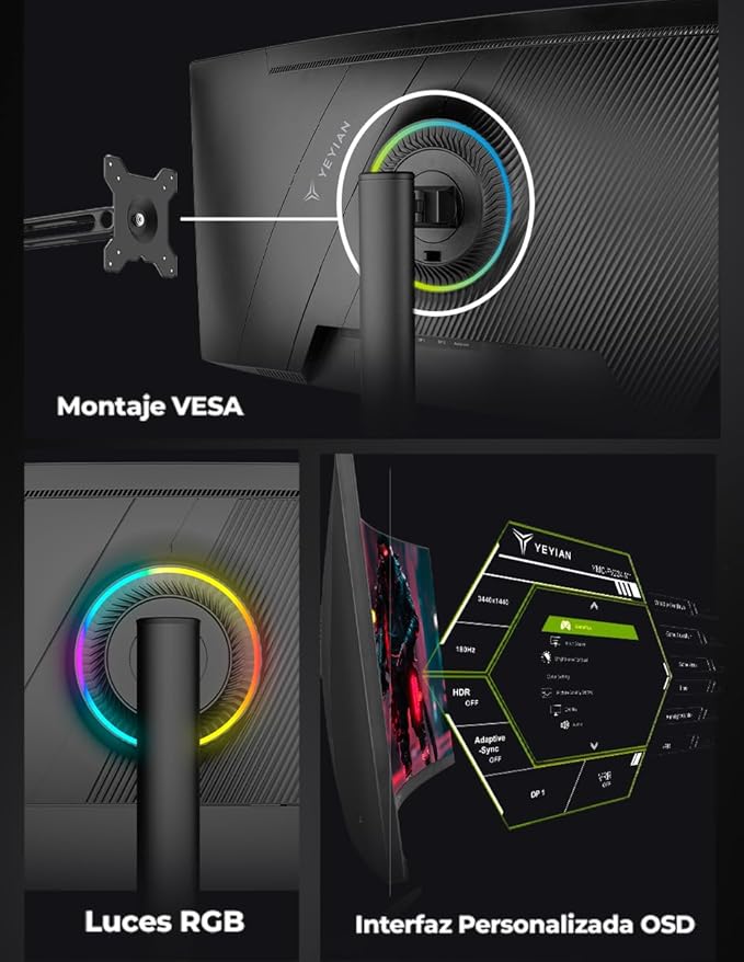 YEYIAN 34” Ultrawide Curved Gaming Monitor 180Hz 1ms WQHD 3440×1440 1500R VA Panel sRGB 129% DCI‑P3 92% FreeSync HDR10 HDMI×2 DP1.4×2 Tilt Adjustable