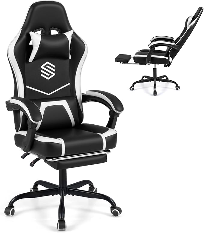 Giantex Gaming Chair Height Adjustable Computer Desk Chair with Headrest Lumbar Support Linkage Armrests Reclining Backrest &amp Footrest Ergonomic Office Chair Video Game Chair (Black)