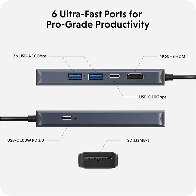HyperDrive Next 6 Port USB C Hub for Mac PC Chromebook with 4K60Hz HDMI 2 USB-A USB-C 10Gbps 100W Power Delivery 312 MB/s SD Card Reader Ports