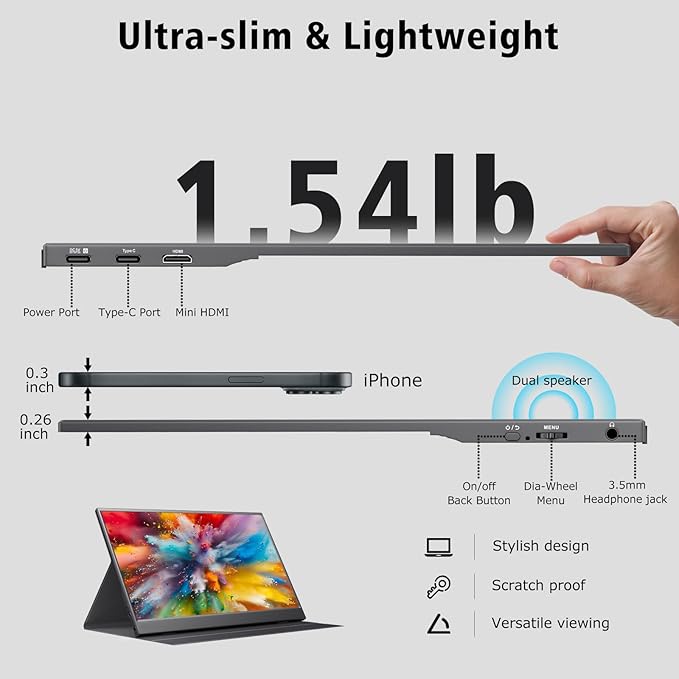15.6 Inch Portable Monitor 1080P FHD IPS Gaming Display Monitor with USB-C &amp HDMI Light Weight Ultra-Slim External Second Screen with Smart Cover &amp Speakers for LaptopPC Mac Phone PS5 Swi