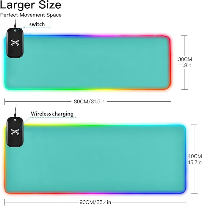 Teal Mouse Pad Gaming Mousepad Non Slip Desk Mat Wireless Charging RGB Computer Mouse Pads Keyboard Pad Mats for Desktop Home Office 35.4 x 15.7 in