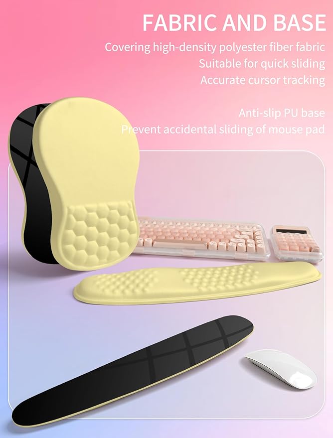 Hokafenle 2in1 Combination Wave Keyboard Wrist Rest and Ergonomic Curvature Mouse Pad Wrist Support for Relieve Wrist Pain Filled with Soft Cushion Memory Foam Butter Yellow