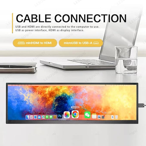 12.6 Inch Stretched Bar LCD Touchscreen Display IPS 1920x515 Small Sub Monitor Wide USB C &amp mini HDMI Monitor with Stand Dual Speakers for PC Laptop Computer