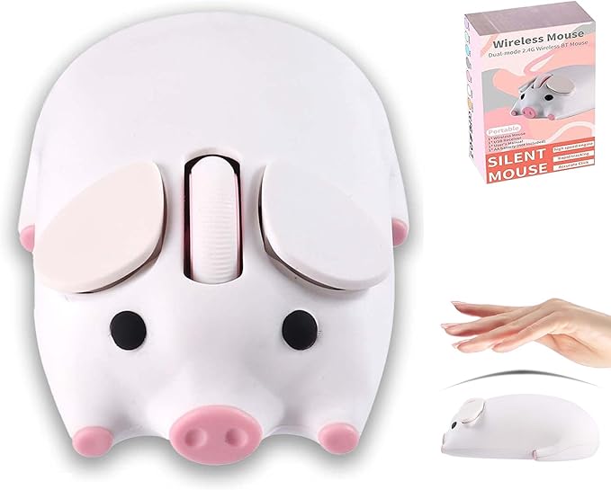 Wireless Bluetooth Mouse Cute Animal Pig Shape Dual Mode Kawaii Silent Portable Lightweight 3-Button 1200DPI Wireless Mouse Battery Powered Gift for Kids Boys Girls for PC Laptops Tablets (White)