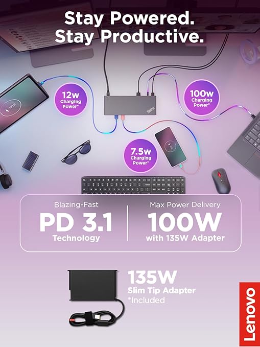 Lenovo ThinkPad USB 4 Smart Dock 5500 w/ 135W Adapter Supports up to 4 Displays 100W Power to Laptop Integrated USB4 Cable Eclipse Black