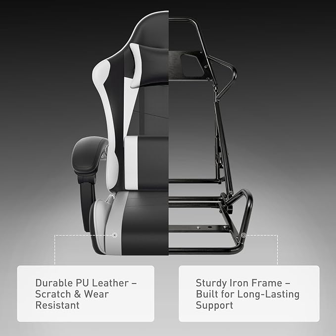 MoNiBloom Gaming Chair with Headrest &amp Lumbar Support Ergonomic Computer Racing Chair with Footrest Adjustable Hight Leather Swivel Computer Chair for Adult Teen Office or Gaming White