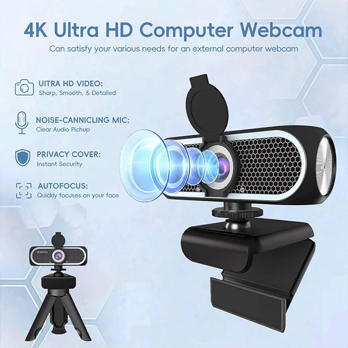 4K Autofocus Webcam for PC and Laptop USB Plug &amp Play Camera with Dual Noise-Reducing Microphones Low-Light Enhancement Privacy Shutter Tripod Compatible Works with Zoom/Teams/Google Meet