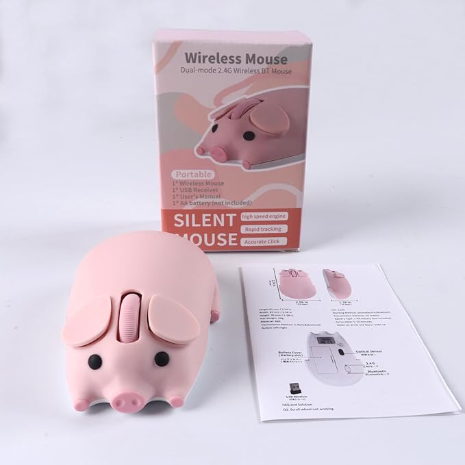 Bluetooth Mouse 2.4G Mice Cute Cartoon Pig Dual Mode (Bluetooth or 2.4 GHz Receiver) Computer Mouse 1200DPI Silent Clisks for Laptop/Notebook/iPad/PC/Mac/Chromebook Office Home(Pink)