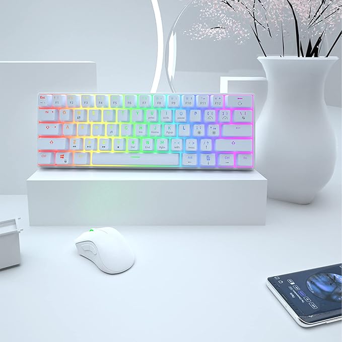 60% Mechanical Gaming Keyboard - 61 Keys Red Switch Quiet Office Computer Keyboard - Multi Color RGB Rainbow Led Backlit - Programmable for PC/Windows/Mac/Gamer - USB Wired - White