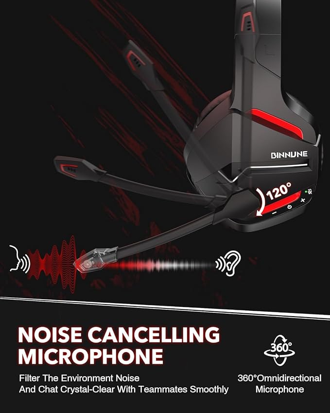 BINNUNE Wireless Gaming Headset for PS5 PC 120H Ultra-Long Battery 2.4GHz &amp Bluetooth 5.3 Wireless Headphones with Noise Canceling Mic 50mm Drivers Comfort Over Ear Headphones Black