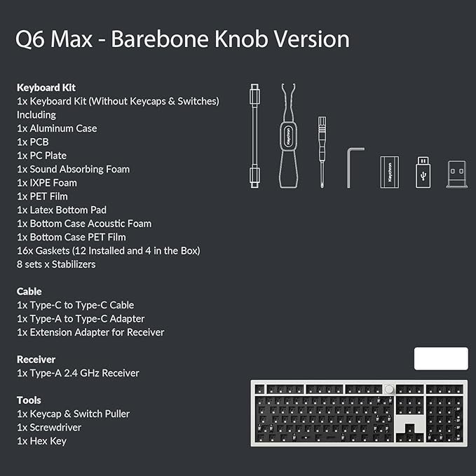 Keychron Q6 Max QMK/VIA Wireless Custom Mechanical Keyboard Barebone Knob Version Full-Metal Hot-Swappable RGB Backlight 2.4 GHz/Bluetooth/Type-C Wired Gaming Keyboard for Mac/Windows/Linux - White
