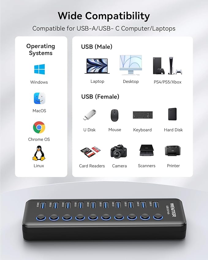 Powered USB Hub Wenter 10-Ports USB Splitter Hub 3.0 with Individual LED On/Off Switches and USB A-C Adapter 12V/3A Power AdapterPowered USB 3.0 Hub for PC Laptop Desktop