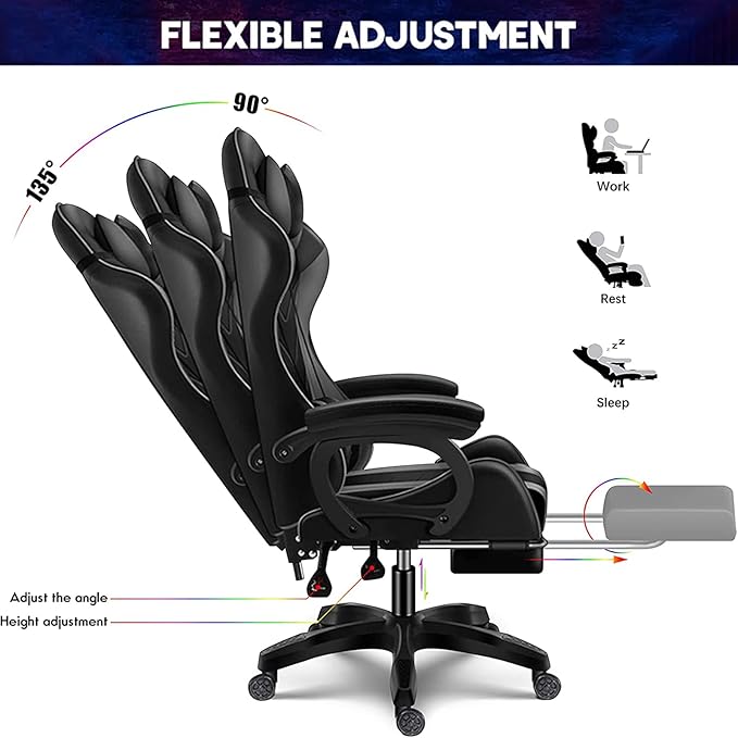 RGB Gaming Chair with Speakers Full Massage Video Game Chair with Footrest Ergonomic Office Chair PU Leather Recliner Swivel Computer Chair with Lumbar Support Headrest High Back Gamer ChairWhite