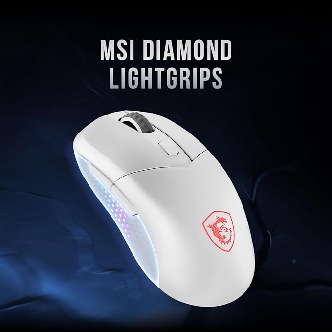 msi Versa 300 Elite Wireless White Gaming Mouse - 26000 DPI Optical Sensor 1000 Hz Polling Rate Symmetrical 60M+ Click OMRON Switches 6 Buttons 200-Hour Battery 1ms Latency RGB 65g