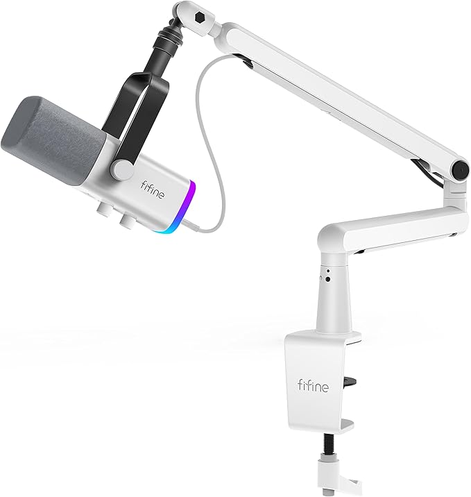 FIFINE Gaming XLR/USB Microphone and Mic Stand BundleRGB Dynamic Mic with Mute ButtonVolume Control Low Profile Boom Arm Kit with Cable Management for Recording Video Creation (AM8W+BM88W)