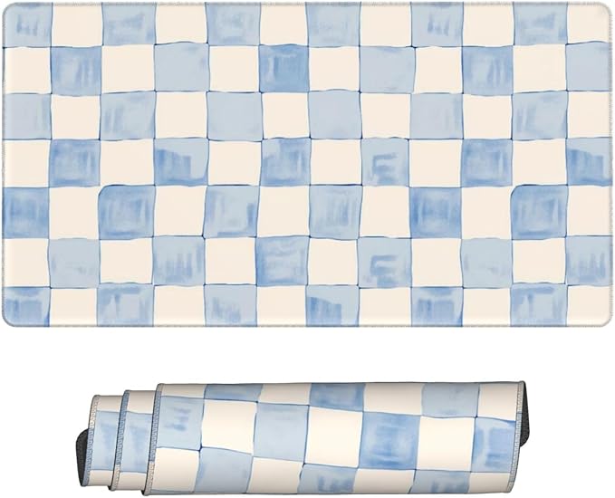 Blue White Checkered Desk Cover MatExtended Large Mouse PadComputer Laptop Mat Desk Decor for Office Game Home 30x16 Inch