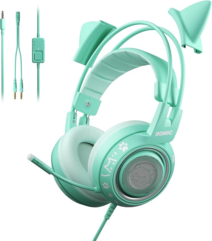 SOMIC G951S Green Gaming Headset with Microphone for PS4 PS5 Xbox One PC Cat Ear Headphones Over Ear with in-Line Mic Control Stereo Sound for Girls Woman