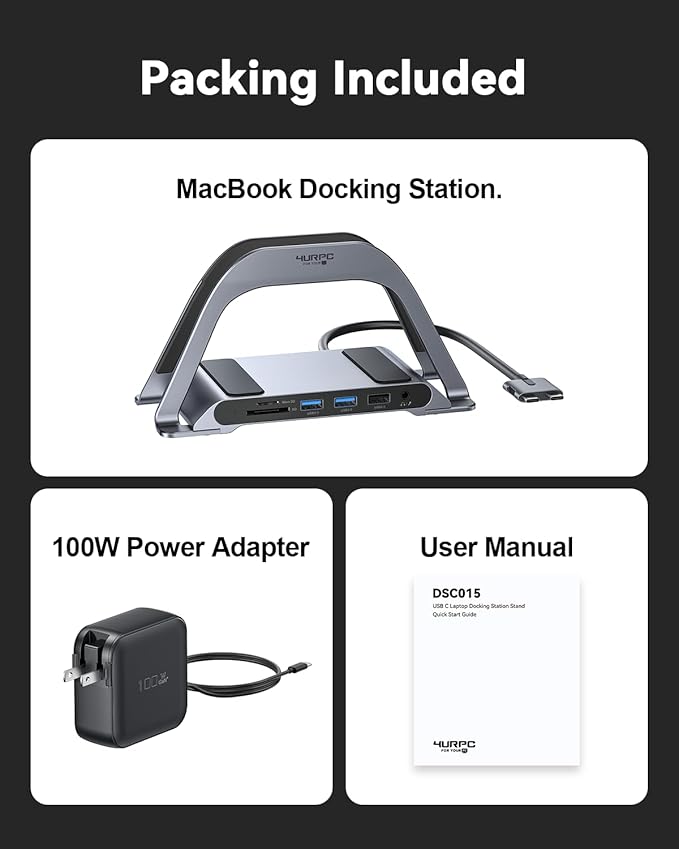 4URPC MacBook Pro Docking Station Dual Monitor 4K@60Hz with 100W Power Adapter USB C Docking Station Vertical Stand for MacBook Pro/Air with 2 HDMI USB 3.0 SD&ampmicroSD Ethernet Audio